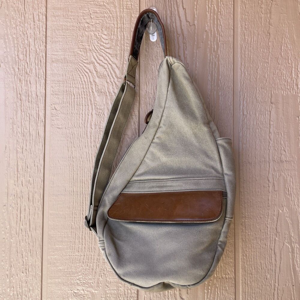 LL Bean AmeriBag Healthy Back Bag Khaki Canvas Leather Sling purse